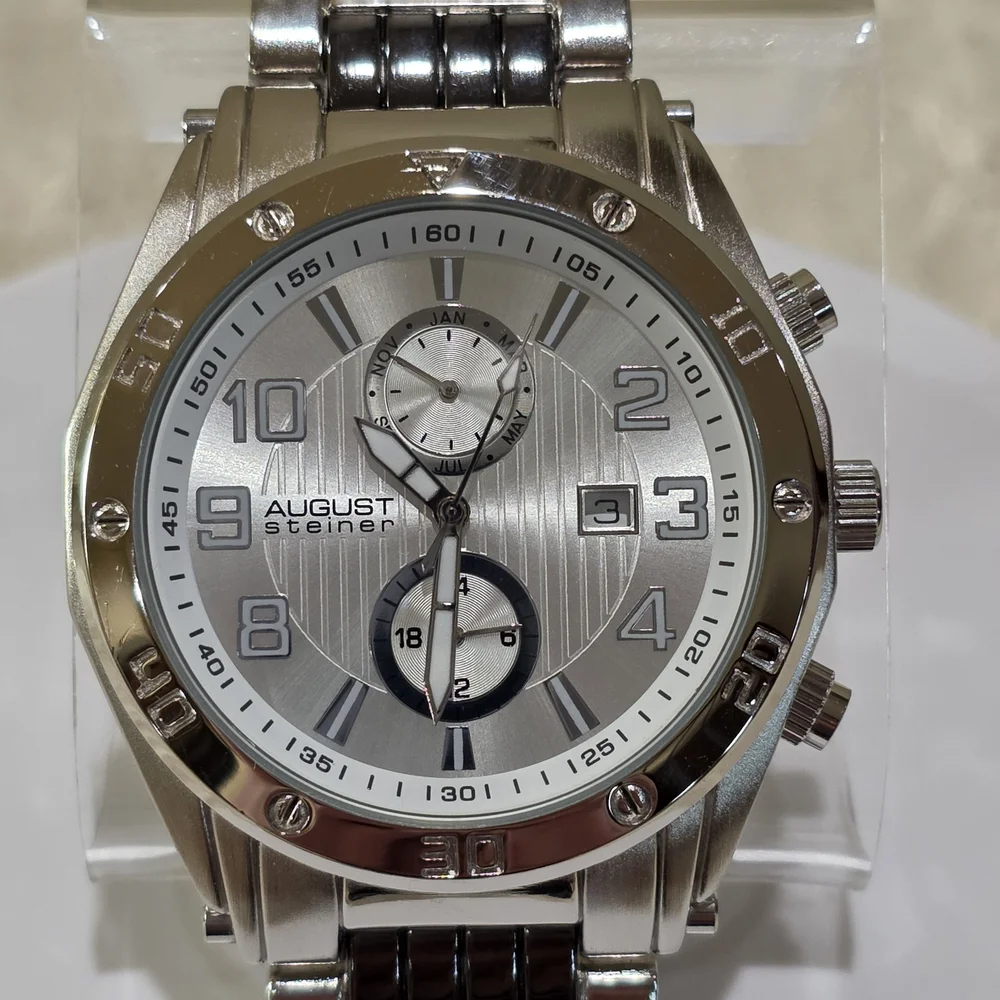 August Steiner Men's AS8070SS Swiss Quartz Month Date Silvertone Wrist Watch